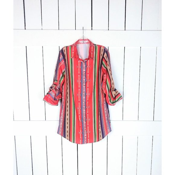 Miss Look Tops - 90s vintage tribal Aztec striped long sleeve tunic shirt